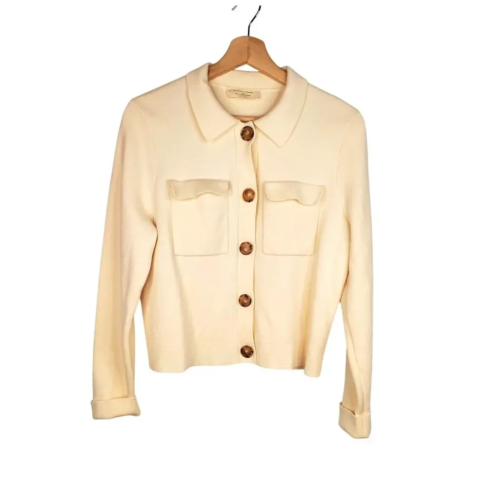 Sezane Betty Merino Wool Cropped Cardigan Ecru Cream Knit Pockets Size Large - Picture 4 of 11